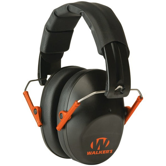 American Smart Walker's Game Ear GWP-FPM1-BKO PRO low-profile folding hunting muff in black and orange, designed for noise reduction.