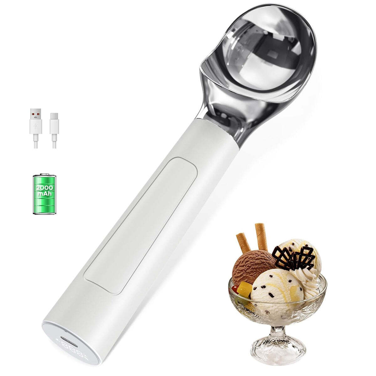 American Smart WB Scoop EZ LED heated ice cream scoop with rechargeable handle and thermostatic control, shown in use.