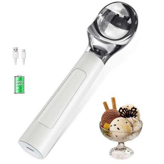 American Smart WB Scoop EZ LED heated ice cream scoop with rechargeable handle and thermostatic control, shown in use.
