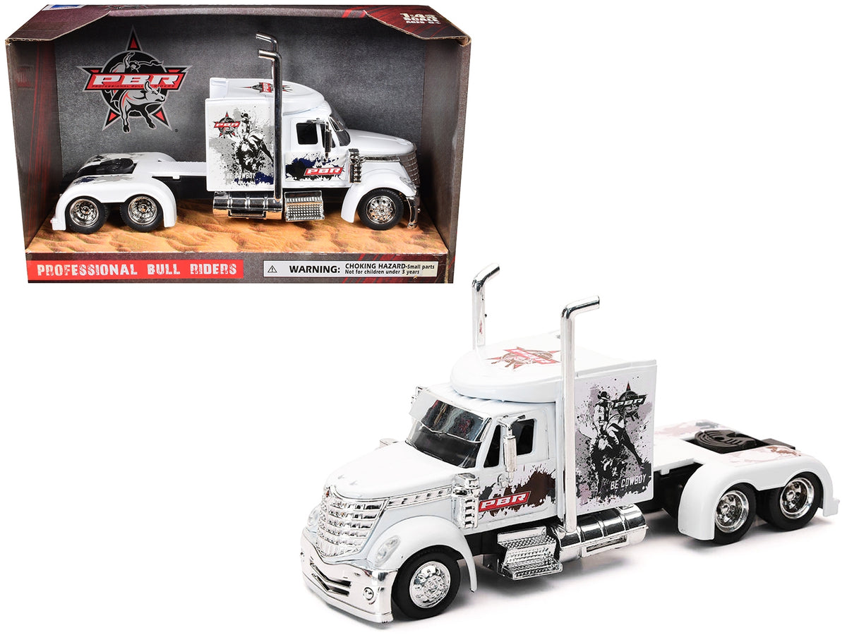 White International Lonestar truck tractor diecast model by New Ray, featuring PBR Professional Bull Riders branding.
