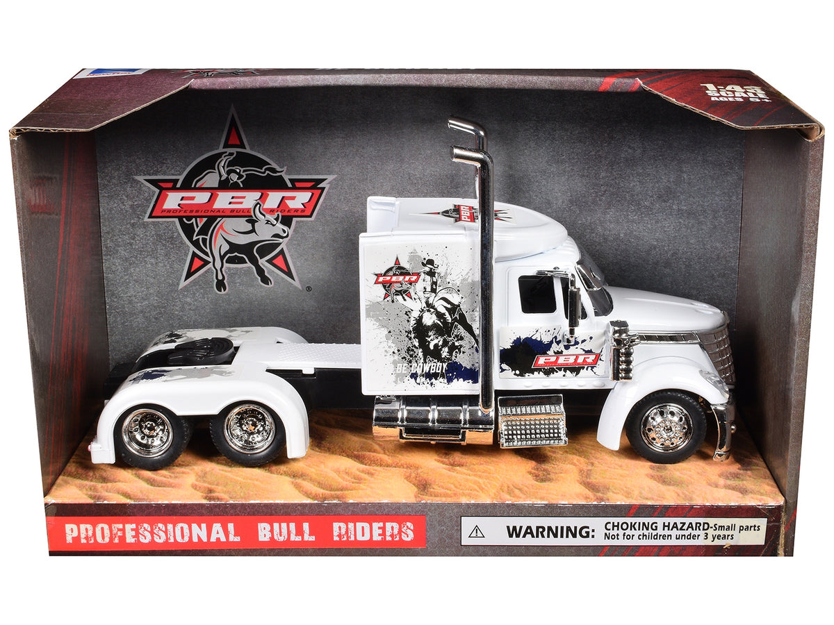 White International Lonestar Truck Tractor diecast model by New Ray, featuring PBR Professional Bull Riders branding.