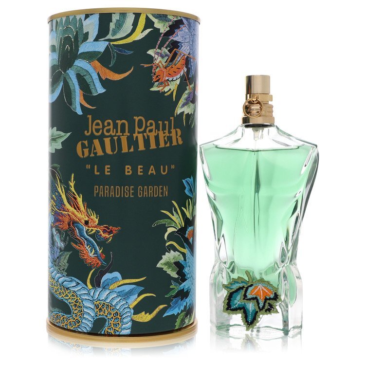 Jean Paul Gaultier Le Beau Paradise Garden men's Eau de Parfum spray, 2.5 oz, with floral and fresh fragrance details.
