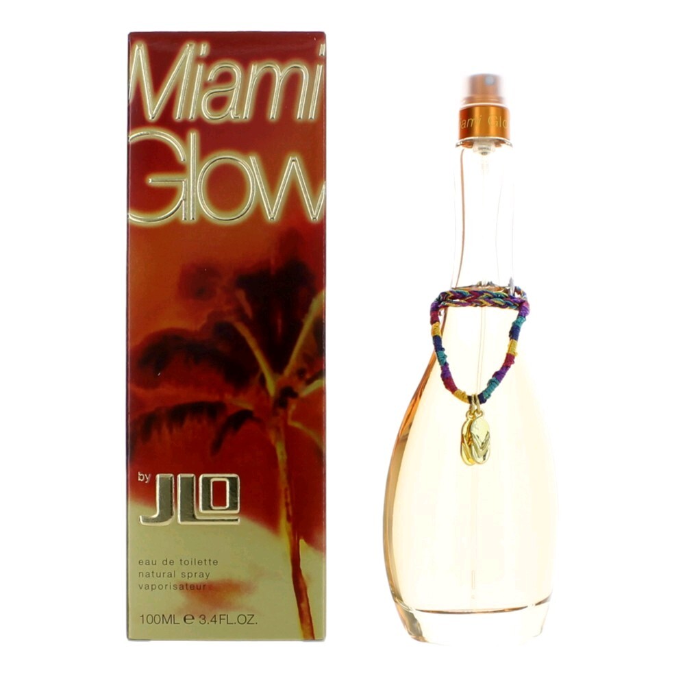 Jennifer Lopez Miami Glow Eau De Toilette spray for women, 3.4 oz, showing the perfume bottle with pink accents.