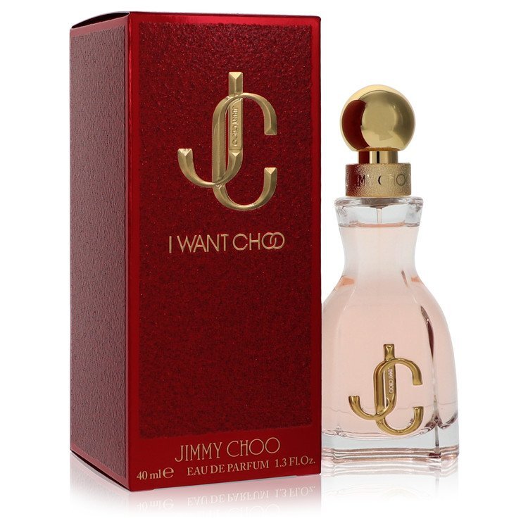 Jimmy Choo I Want Choo Eau De Parfum spray bottle for women, 1.3 oz, featuring elegant packaging and branding.