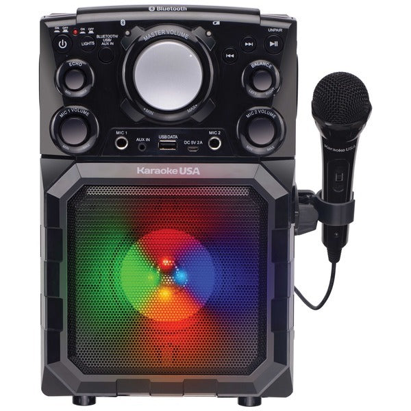 American Smart Karaoke USA GQ410 portable MP3 karaoke system with Bluetooth, PA, and built-in battery, featuring a sleek design.