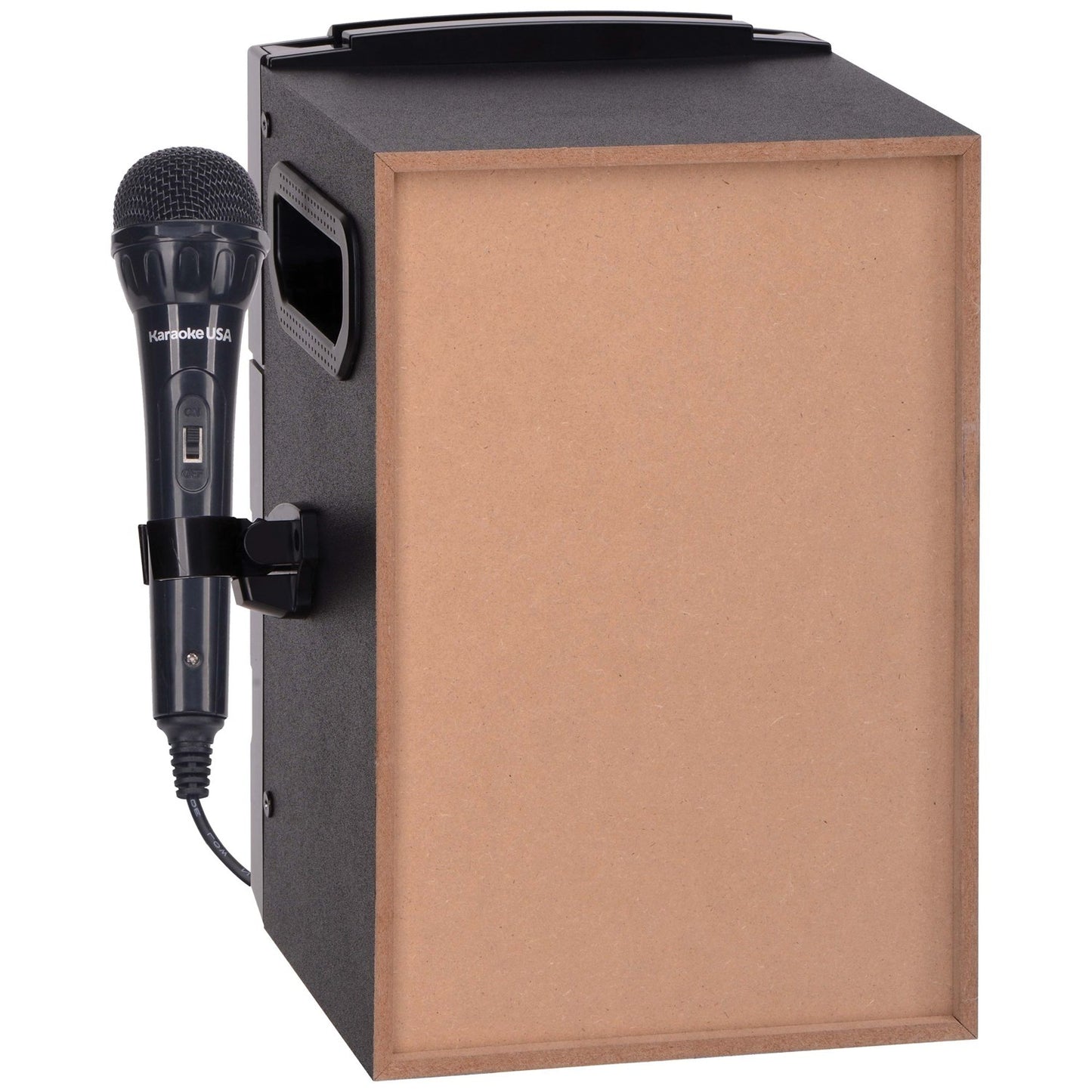 American Smart Karaoke USA GQ410 portable MP3 karaoke system with Bluetooth, PA, and built-in battery, showing control panel and speakers.