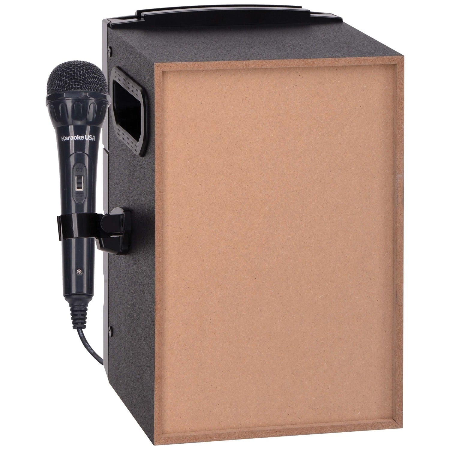 American Smart Karaoke USA GQ410 portable MP3 karaoke system with Bluetooth, PA, and built-in battery, showing control panel and speakers.