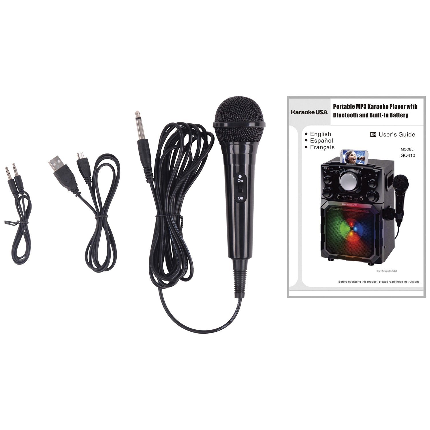 American Smart Karaoke USA GQ410 portable MP3 karaoke system with Bluetooth, PA, and built-in battery, showing control panel and speakers.