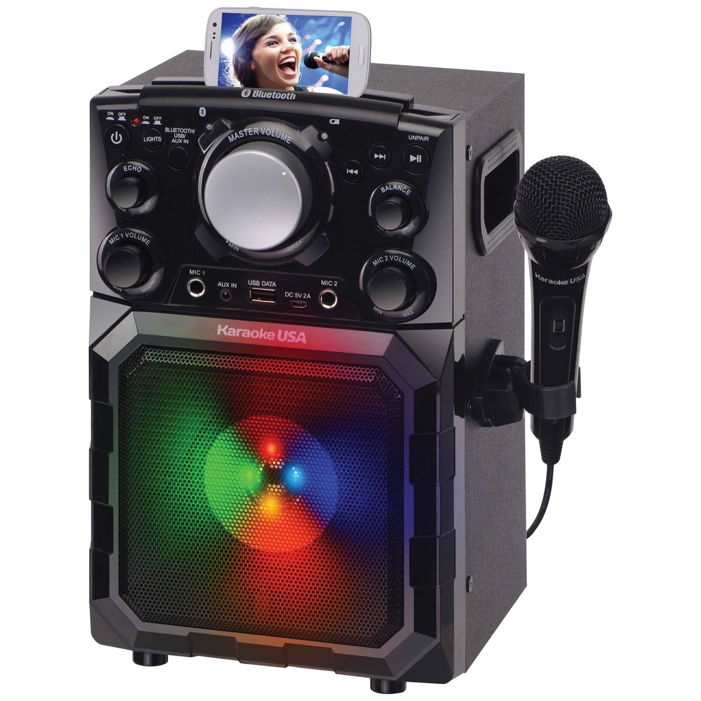 American Smart Karaoke USA GQ410 portable MP3 karaoke system with Bluetooth, PA, and built-in battery, featuring colorful control panel.