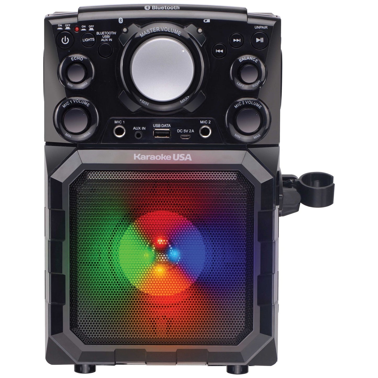 American Smart Karaoke USA GQ410 portable MP3 karaoke system with Bluetooth, PA, and built-in battery, showing controls and display screen.