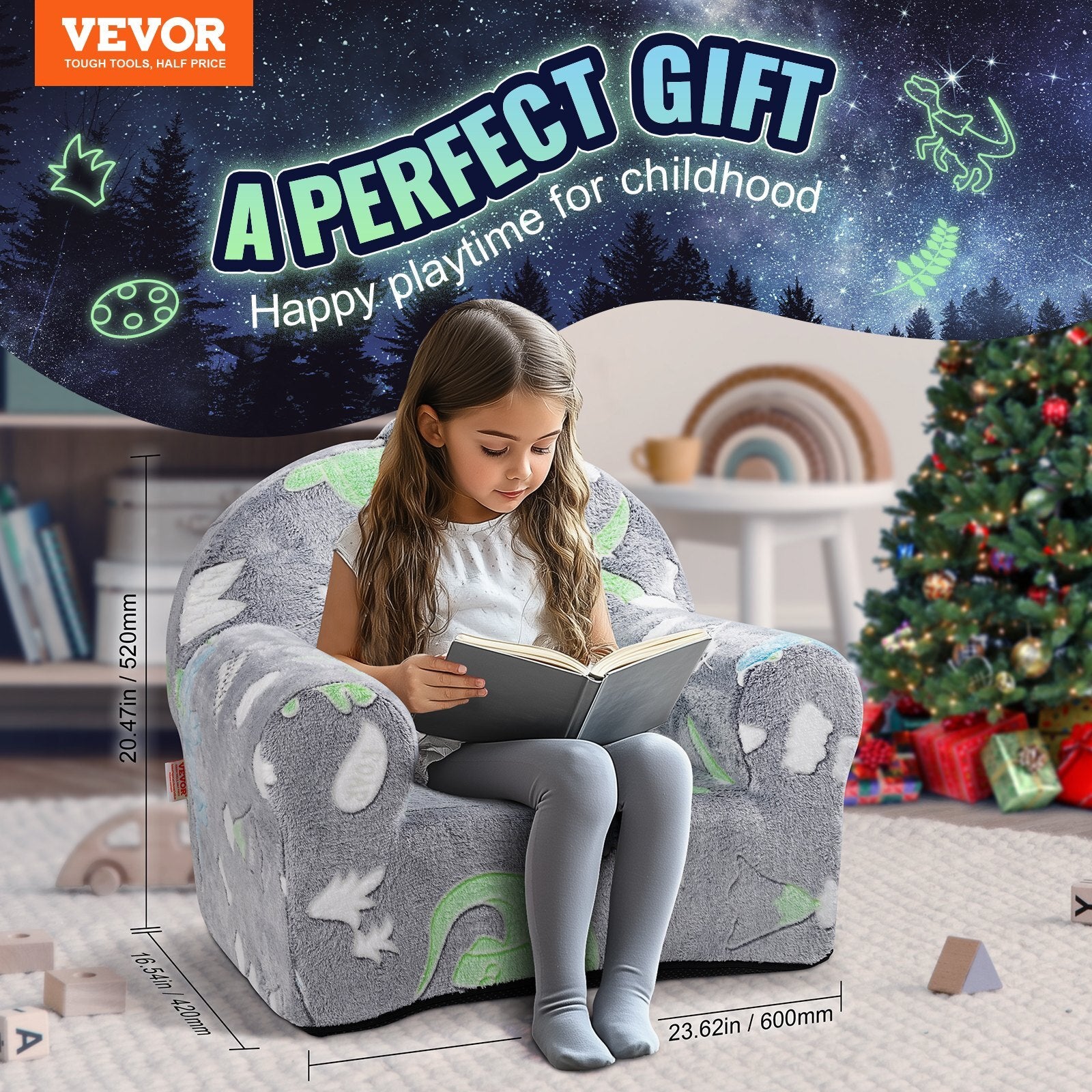 Grey toddler armchair and sofa bed from American Smart WB, glow-in-the-dark kids playroom chair for girls and boys.