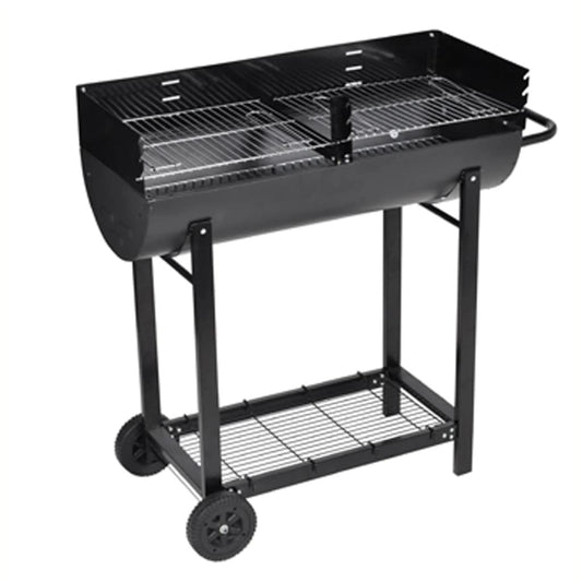 American Smart WB BBQ Barrel Half for outdoor cooking, showing the metal exterior and cooking surface in a close-up shot.