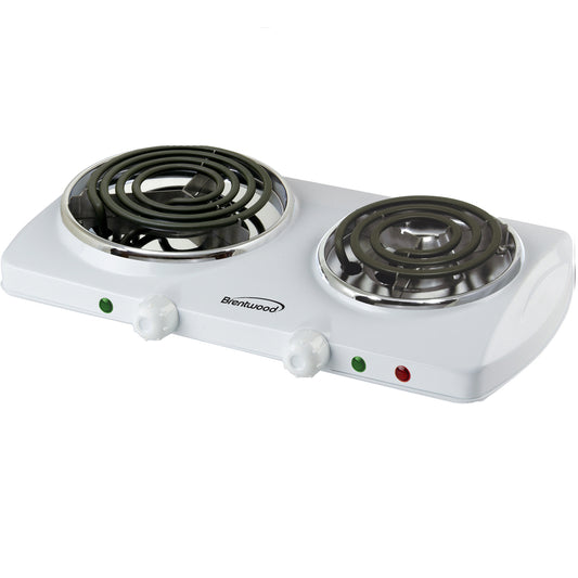 American Smart Brentwood 1500W double burner electric stove with white spiral coil, compact kitchen appliance for cooking.