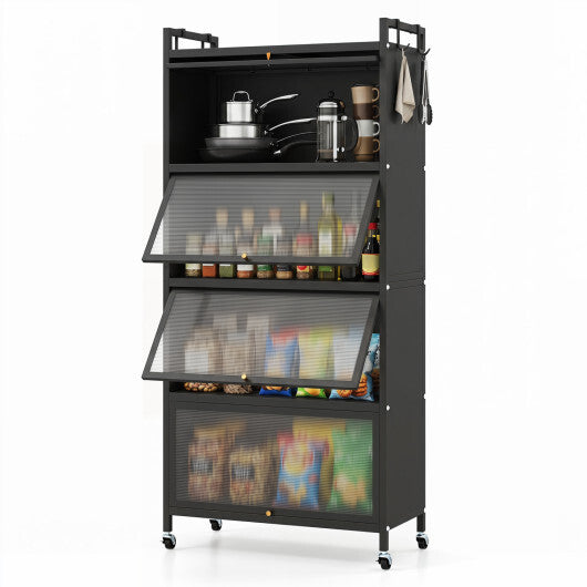 White 5-tier American Smart kitchen storage cabinet with 4 flip-up PC doors, adjustable feet, and rolling wheels for easy mobility.