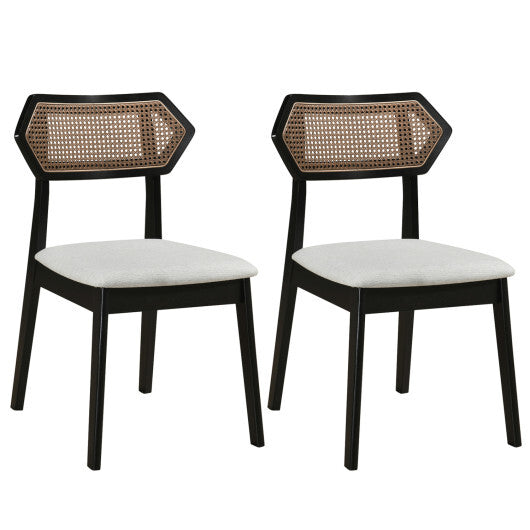 Set of 2 black mid-century rattan dining chairs with rattan backs and solid wood frames for kitchen and dining room decor.