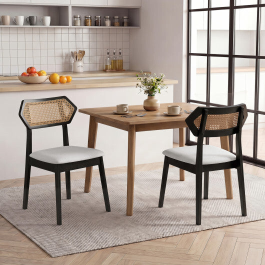 Set of 2 mid-century modern American Smart rattan dining chairs with black rattan backs and solid wood frames for kitchen and dining.