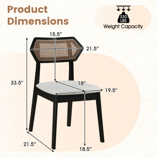 Set of 2 American Smart black mid-century rattan dining chairs with rattan backrests and solid wood frames.