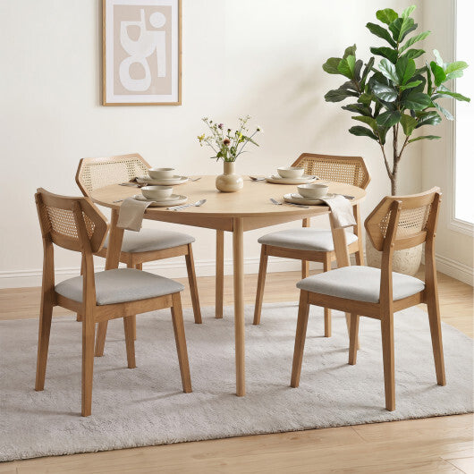 Set of two American Smart mid-century rattan dining chairs with rattan backs and solid wood frames in black for kitchen and dining rooms.