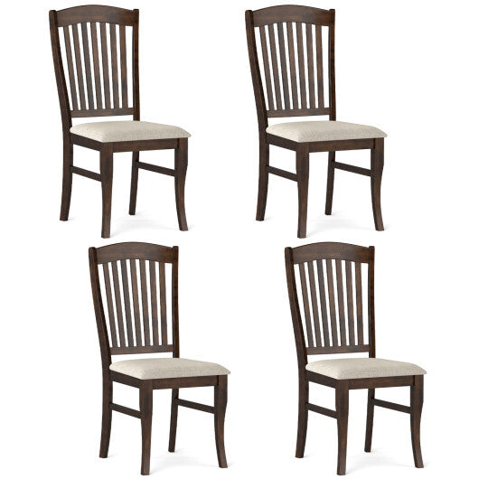 Set of 4 American Smart kitchen side chairs with rubber wood frames and padded seats in brown and white.