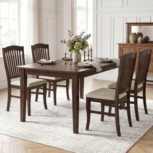 Set of 4 American Smart kitchen side chairs with rubber wood frames and padded brown and white seats for dining comfort.