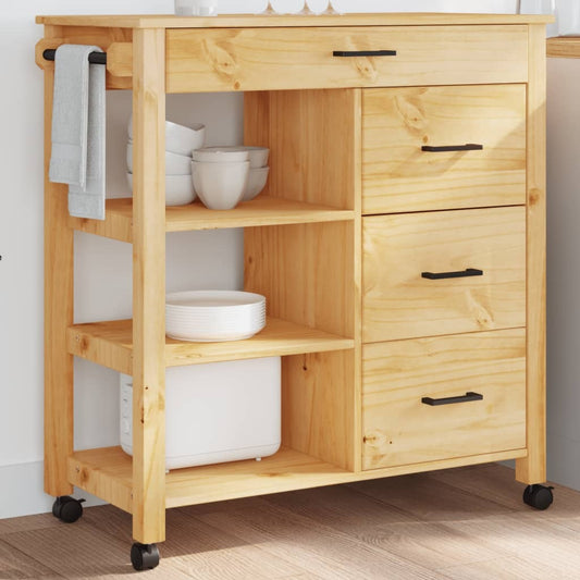 American Smart Monza kitchen trolley in solid pine wood with 33.1 x 15.7 x 34.8-inch dimensions, ideal for kitchen and dining use.