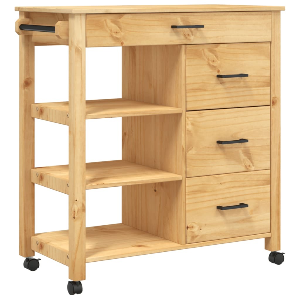 American Smart Kitchen Trolley Monza in solid pine wood with 33.1"x15.7"x34.8" dimensions for kitchen and dining use.