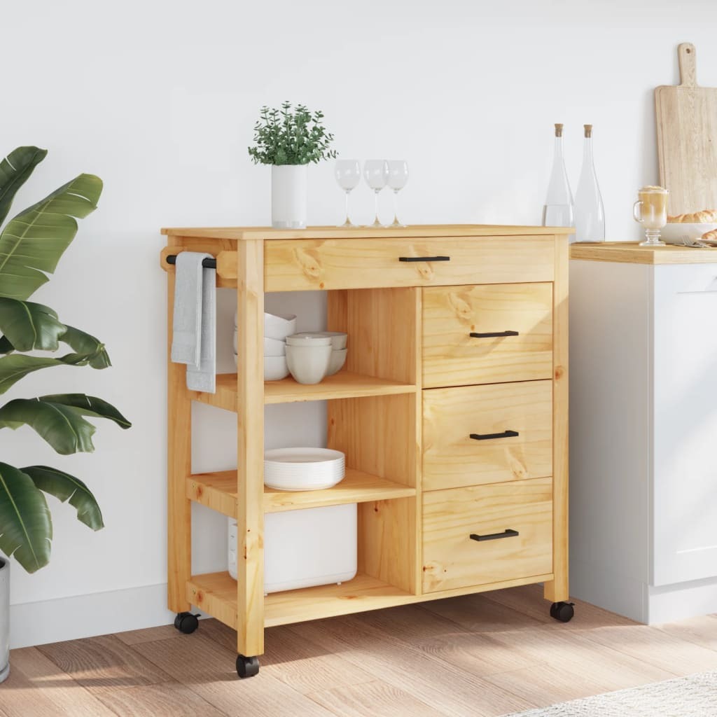 American Smart Kitchen Trolley Monza in solid pine wood, 33.1"x15.7"x34.8" for kitchen and dining use