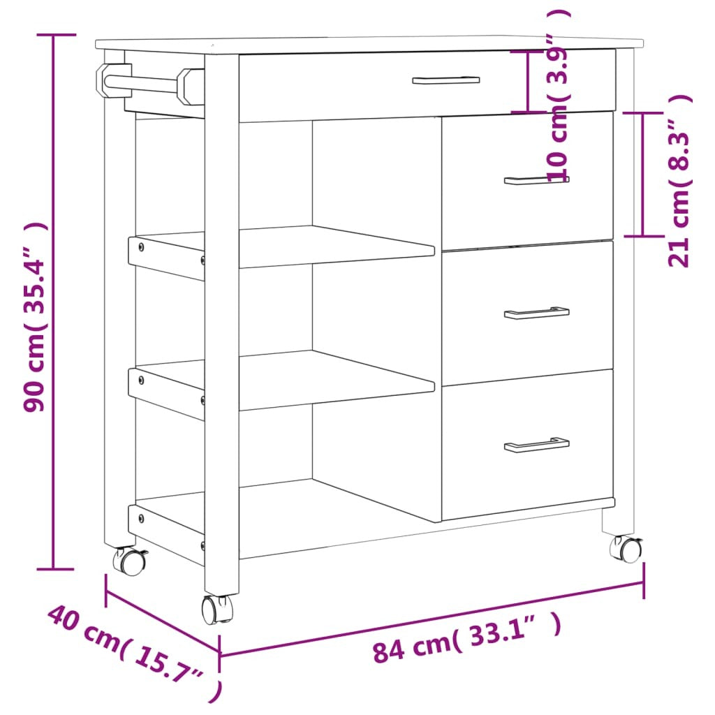 American Smart Monza kitchen trolley in solid pine wood with 33.1"x15.7"x34.8" dimensions, ideal for kitchen and dining room storage.