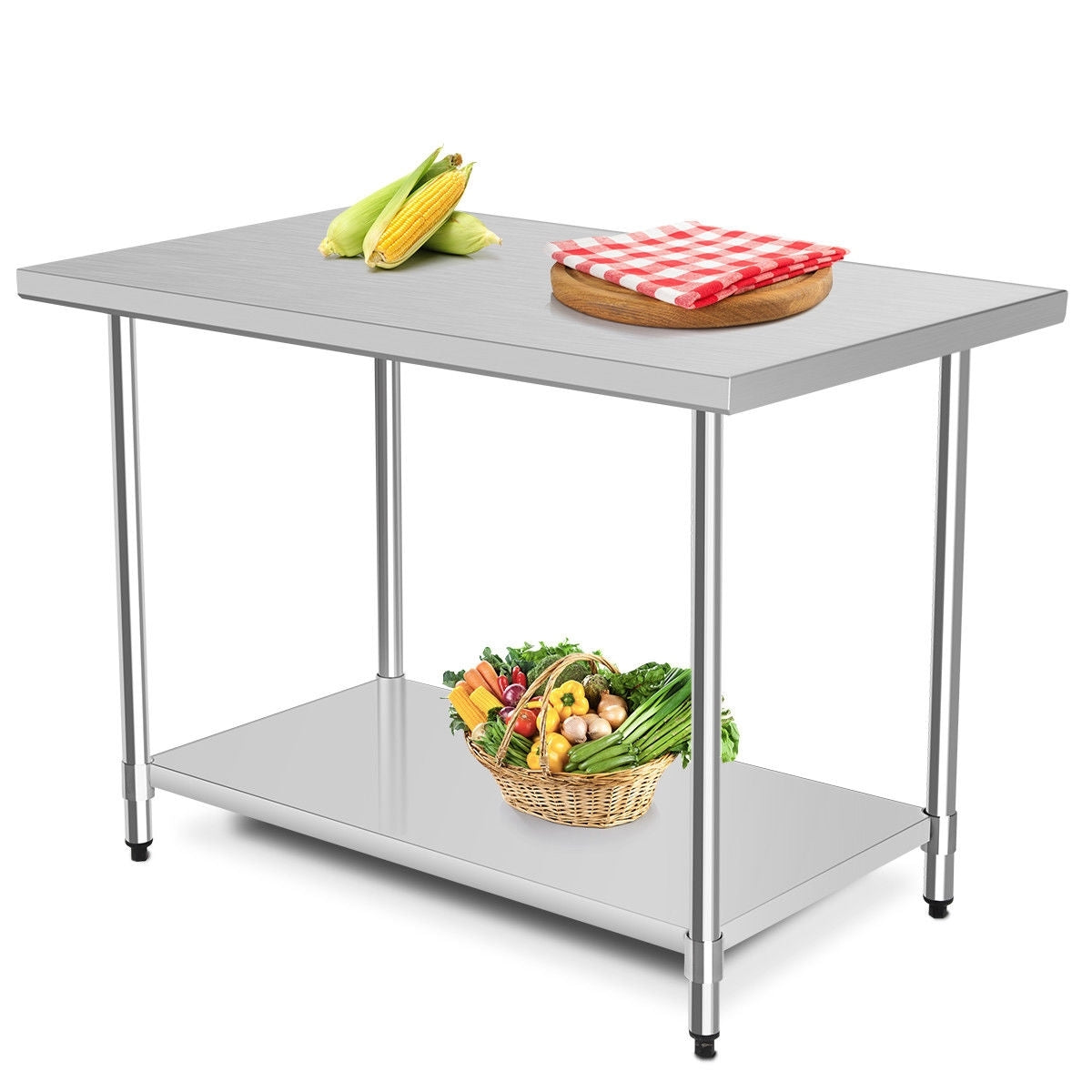 Stainless steel commercial kitchen worktable, 30 x 48 inches, with a silver finish, American Smart WB brand, in a professional kitchen setting.