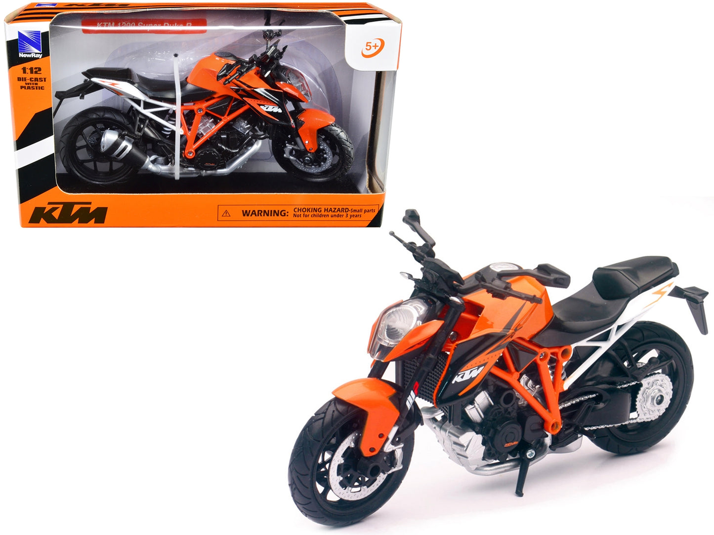 Orange KTM 1290 Super Duke R motorcycle diecast model by New Ray, detailed 1/12 scale replica showcasing vibrant design.