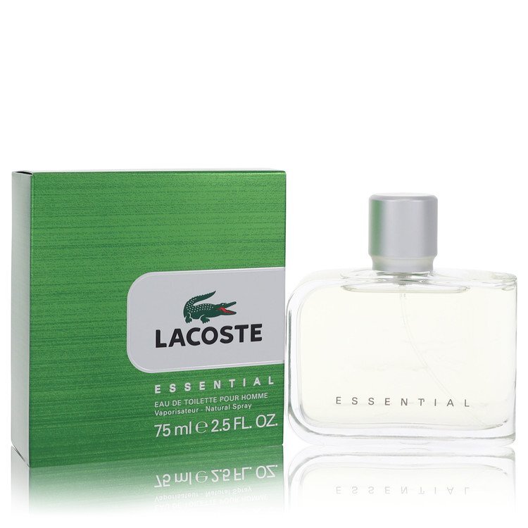 Lacoste Essential Eau De Toilette spray for men, 2.5 oz, featuring the classic Lacoste bottle with green crocodile logo.