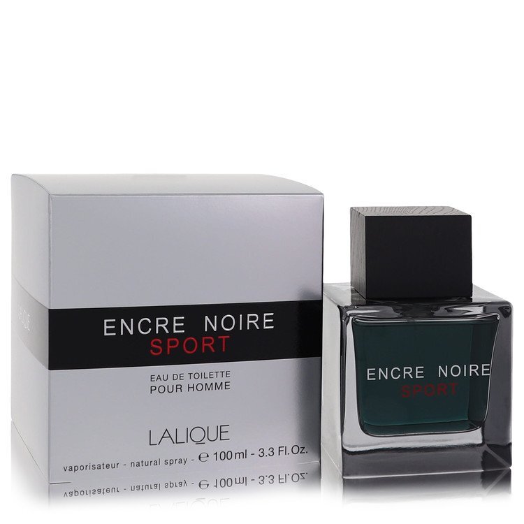 Lalique Encre Noire Sport men's Eau de Toilette spray in 3.3 oz bottle, featuring sleek packaging and dark-colored fragrance cap.