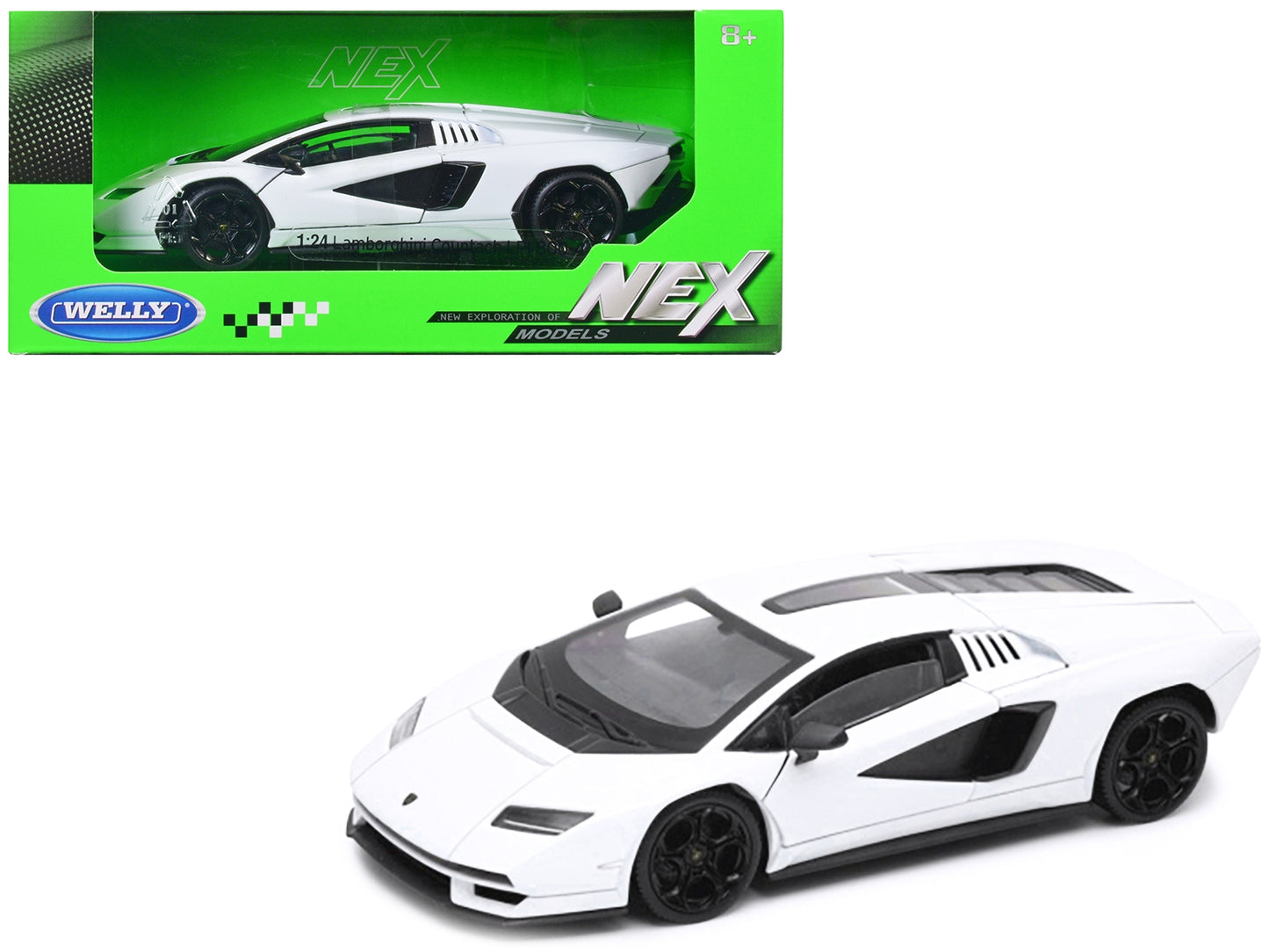 White Lamborghini Countach LPI 800-4 diecast model car by Welly, part of the NEX Models Series, 1/24 scale.