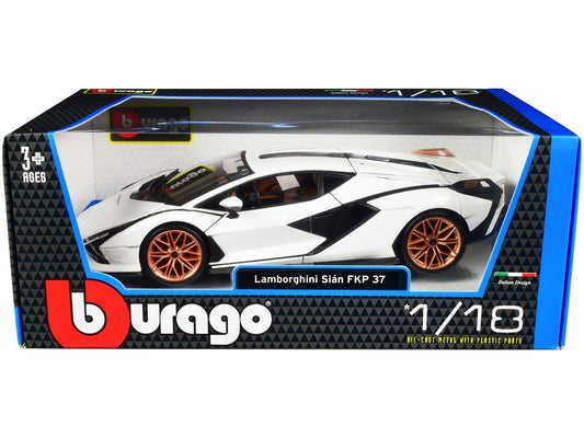 White Lamborghini Sian FKP 37 1/18 diecast model car by Bburago with copper wheels, detailed collectible Lamborghini model.