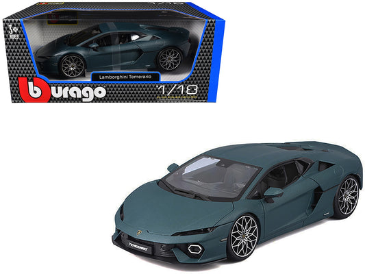 Lamborghini Temerario matte blue metallic 1/18 diecast model car by Bburago, detailed miniature Lamborghini model on a white background.