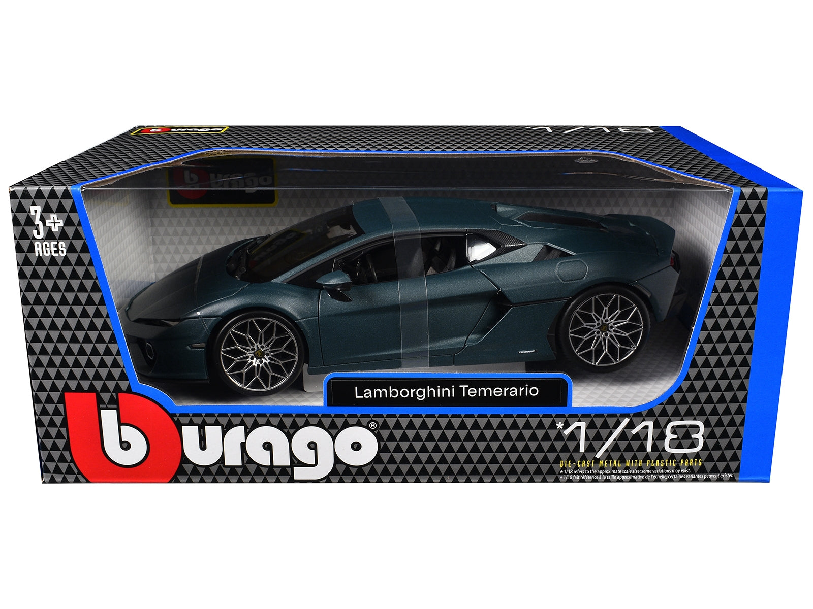 Lamborghini Temerario matte blue metallic 1/18 diecast model car by Bburago, detailed collectible vehicle with realistic features.