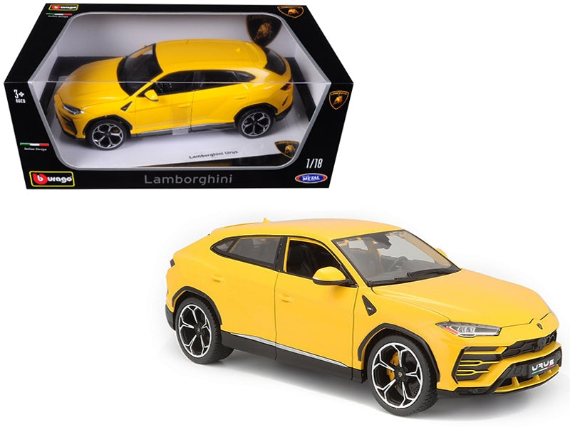 Yellow Lamborghini Urus 1/18 diecast model car by Bburago, detailed miniature Lamborghini model from American Smart - WB.