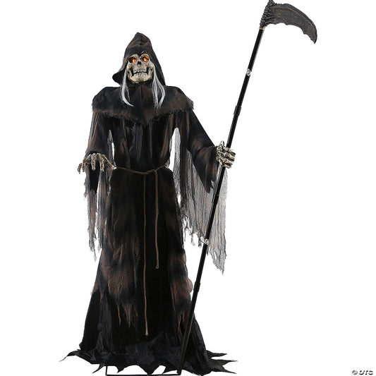 Large animated lunging reaper prop by American Smart WB, detailed spooky Halloween figure for haunted displays.