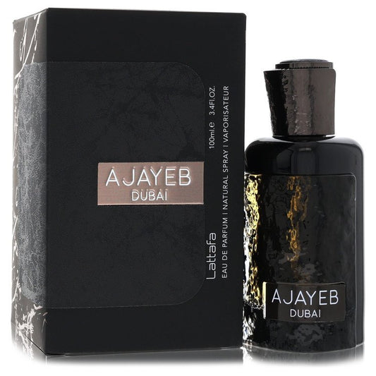 Lattafa Ajayeb Dubai unisex Eau De Parfum spray by Lattafa, 3.4 oz, featuring a stylish bottle and elegant design.