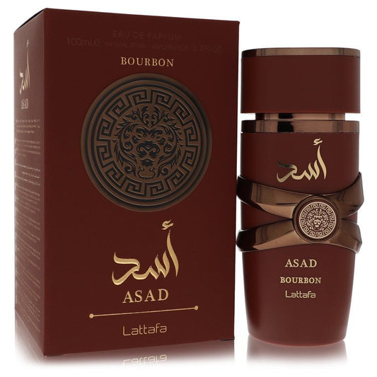 Lattafa Asad Bourbon men's Eau De Parfum spray in 3.4 oz bottle, featuring a warm, woody fragrance with spicy notes.