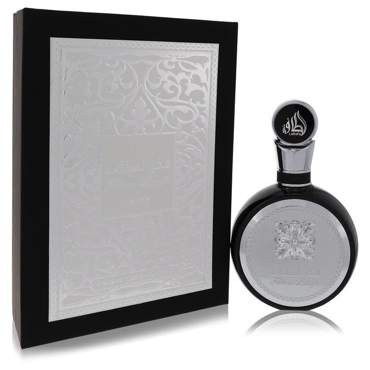 Lattafa Fakhar men's Eau De Parfum spray in 3.4 oz bottle, featuring a stylish design with the Lattafa branding.