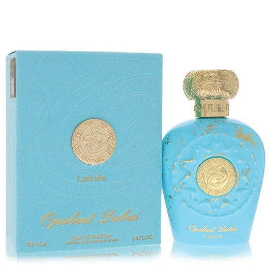 Unisex Lattafa Opulent Dubai Eau De Parfum Spray in 3.4 oz bottle, elegant packaging and fragrance display.