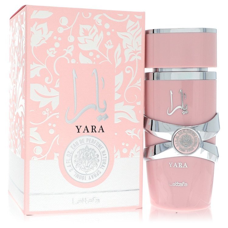 Lattafa Yara Eau De Parfum spray for women, 3.4 oz, featuring elegant bottle design and floral scent details
