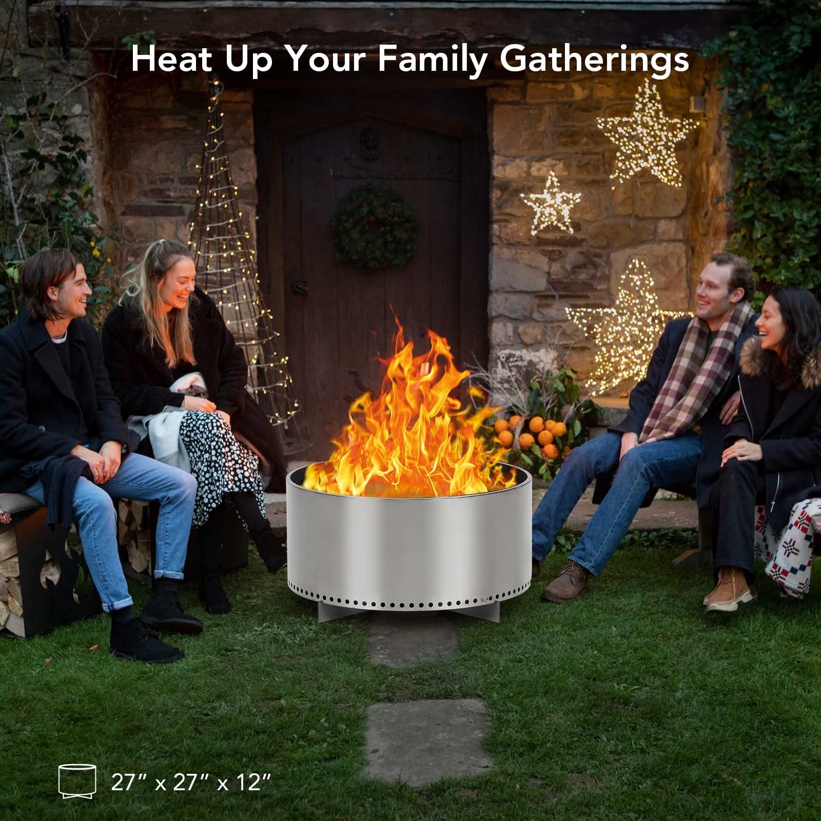American Smart US Pioneerworks 27-inch smokeless fire pit with stand, stainless steel outdoor wood-burning camping stove.