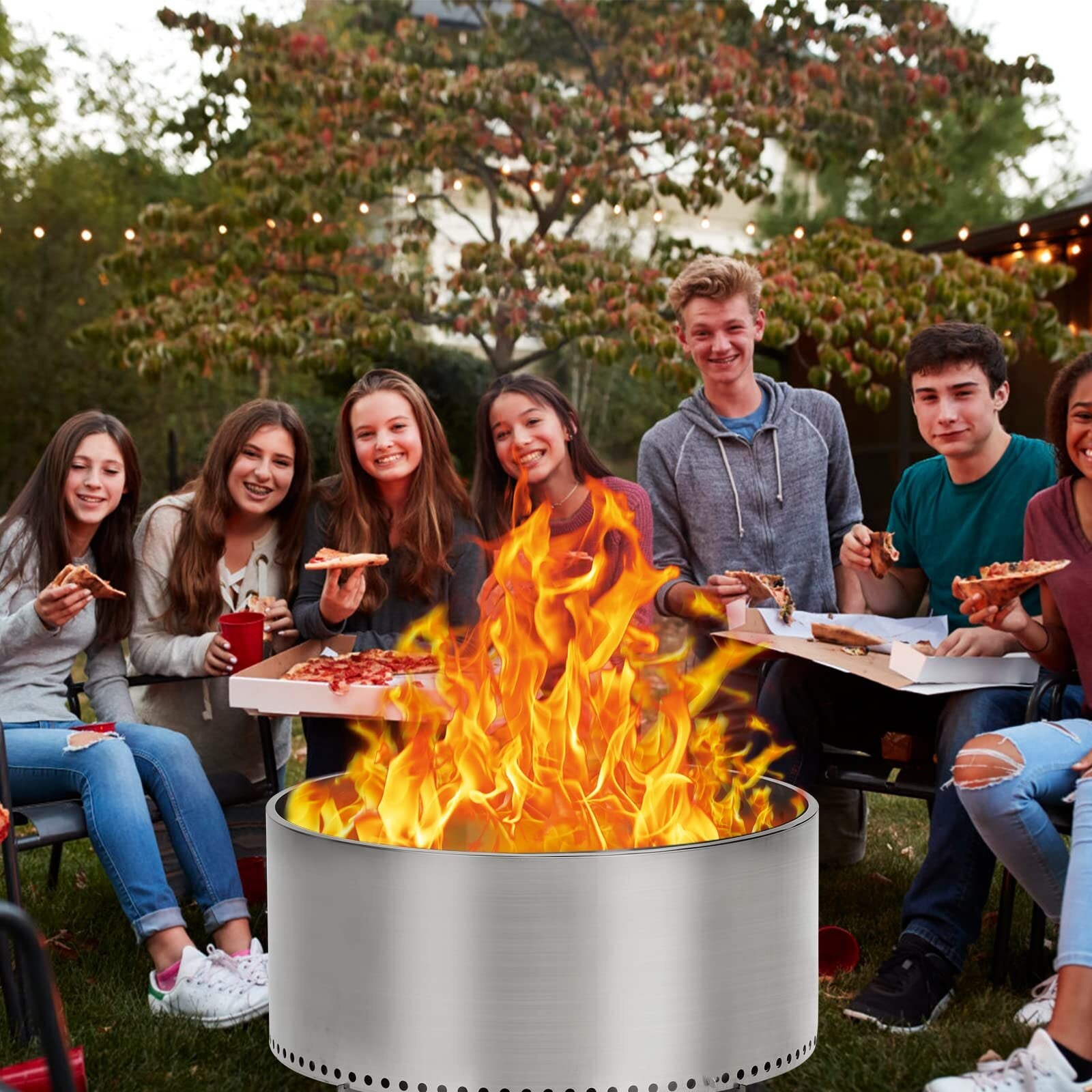 American Smart US PioneerWorks 27-inch smokeless fire pit for outdoor wood burning, portable stainless steel camping stove with stand