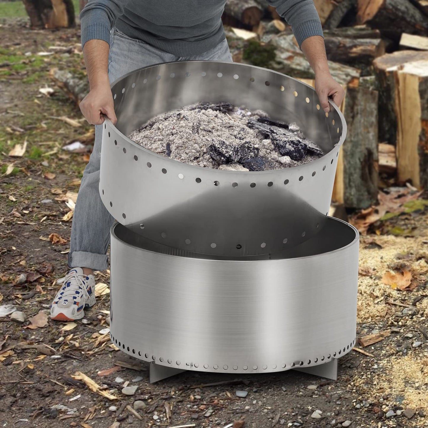 American Smart WB 27-inch smokeless fire pit for outdoor wood burning, portable stainless steel camping stove with stand.