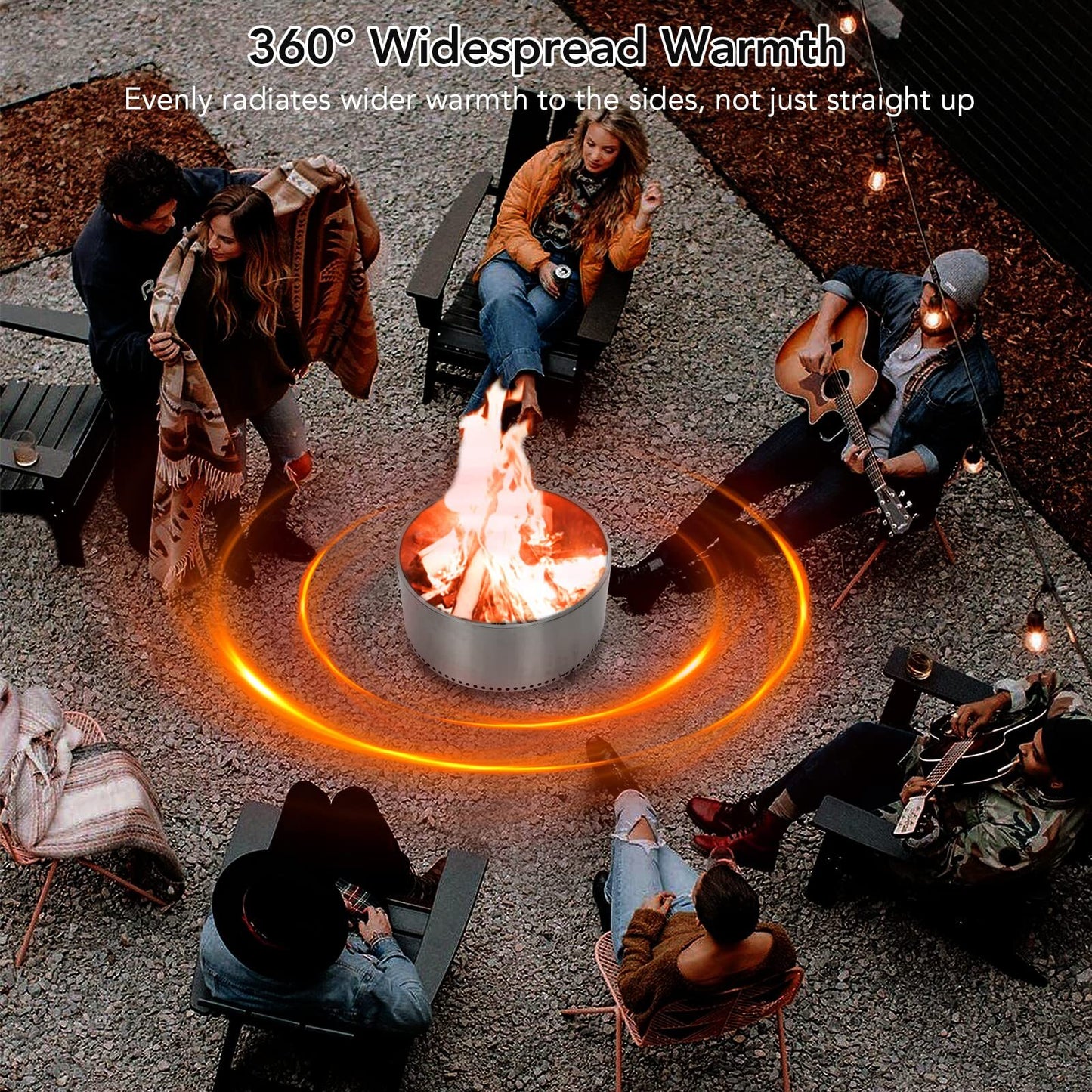 US PioneerWorks 27-inch smokeless fire pit in stainless steel, portable outdoor wood-burning fire pit with stand for camping and yard use.