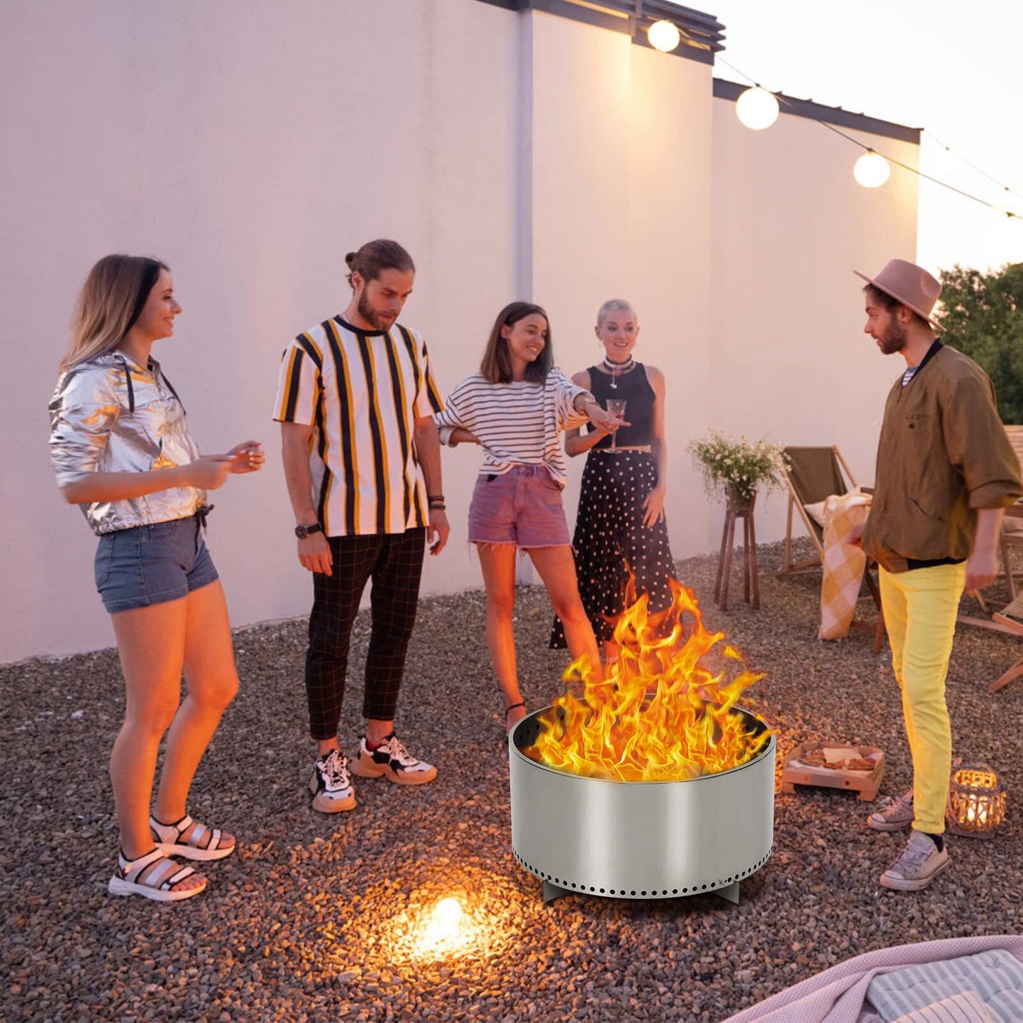 American Smart US Pioneerworks 27-inch smokeless fire pit with stand, portable stainless steel outdoor wood-burning camping stove.