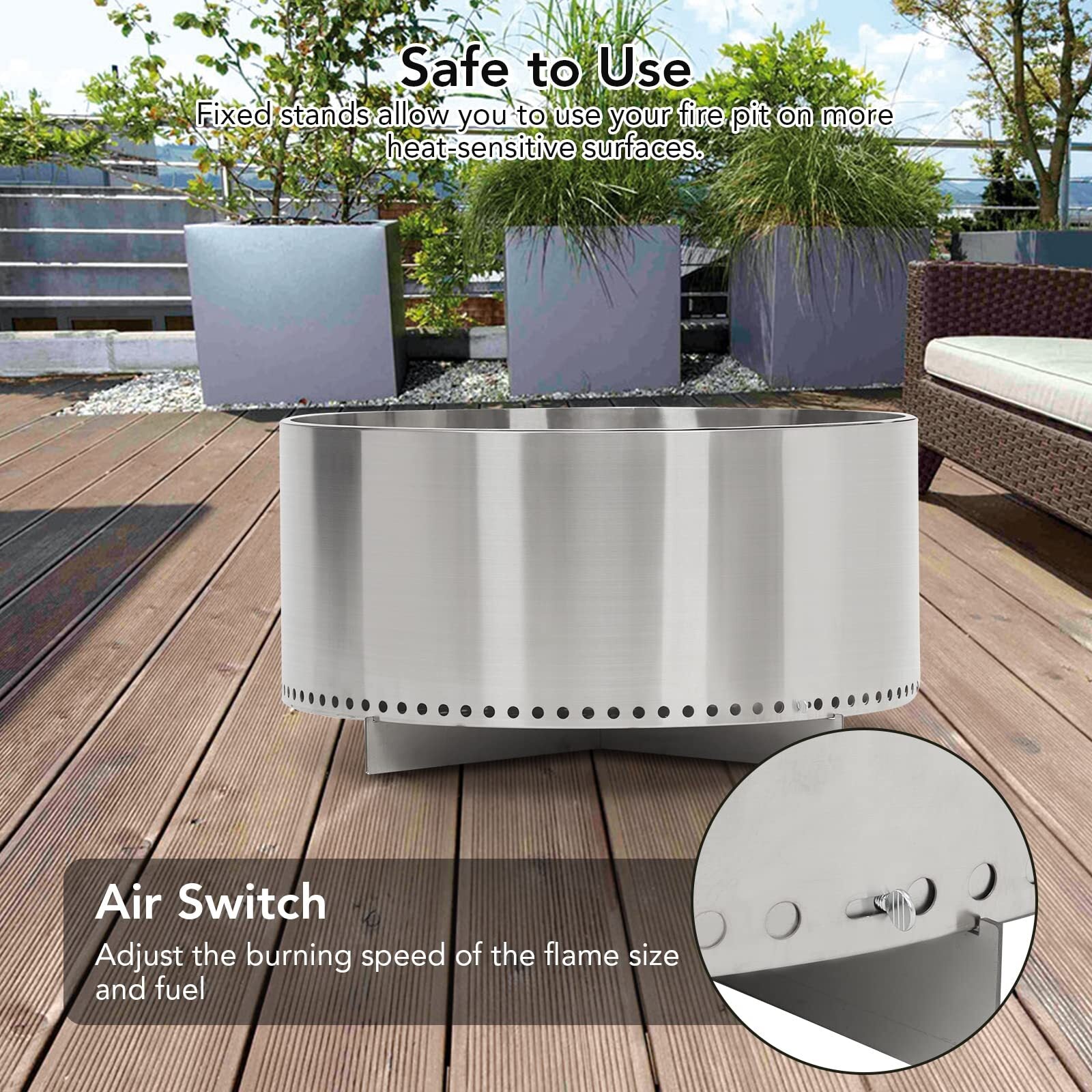 American Smart US Pioneerworks 27-inch smokeless fire pit in stainless steel with stand, ideal for outdoor camping and wood burning.