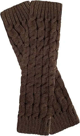 American Smart Cozy Hug cable knit leg warmers in soft, chunky yarn with ribbed cuffs, perfect for cozy winter wear.